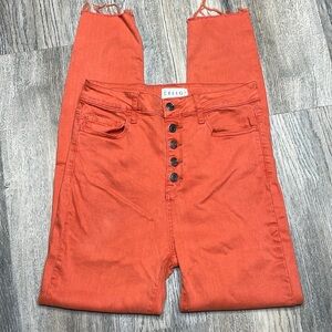 Cello Women’s High Waist Button Fly Orange Skinny Jeans with raw hem, size 9
